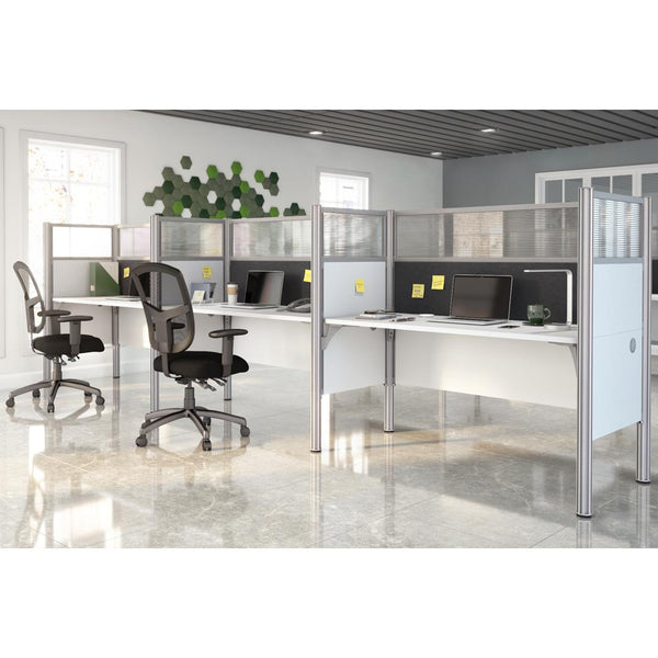 3-Person Office Cubicles with Gray Tack Boards and High Privacy Panels