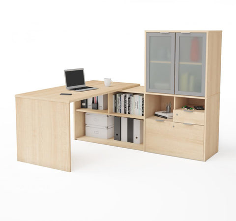 72W L-Shaped Desk with Frosted Glass Door Hutch