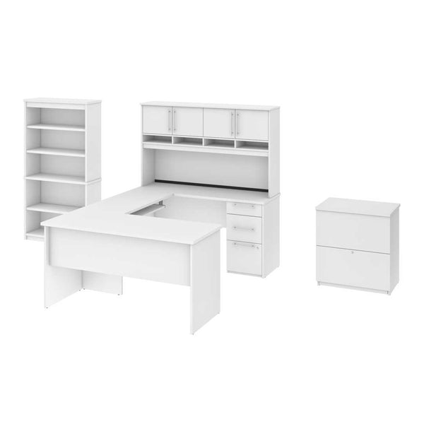 83W U or L-Shaped Desk with Hutch, Lateral File Cabinet, and Bookcase