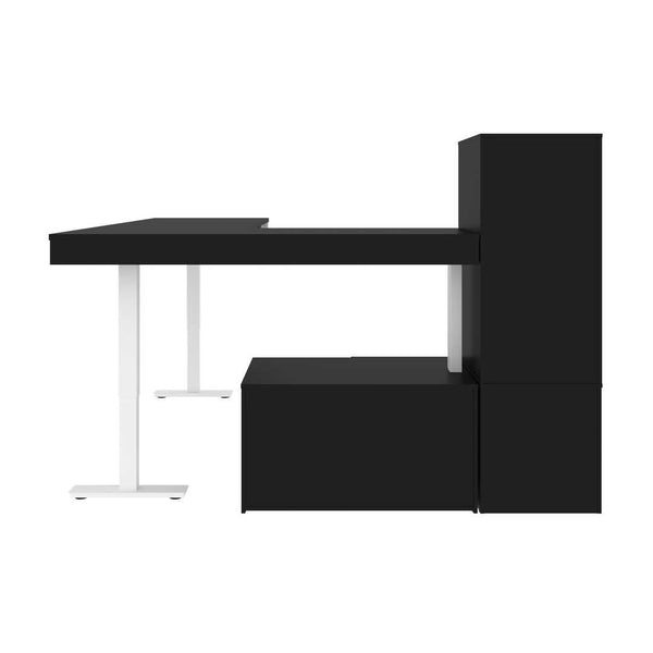 Two 72W L-Shaped Standing Desks with Credenza and Shelving Unit