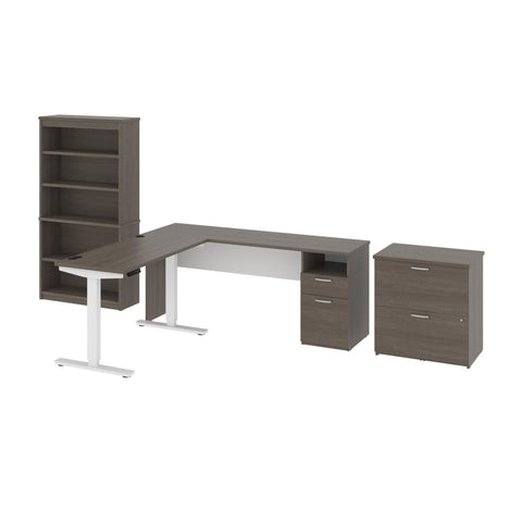 72W L-Shaped Standing Desk with Bookcase and File Cabinet